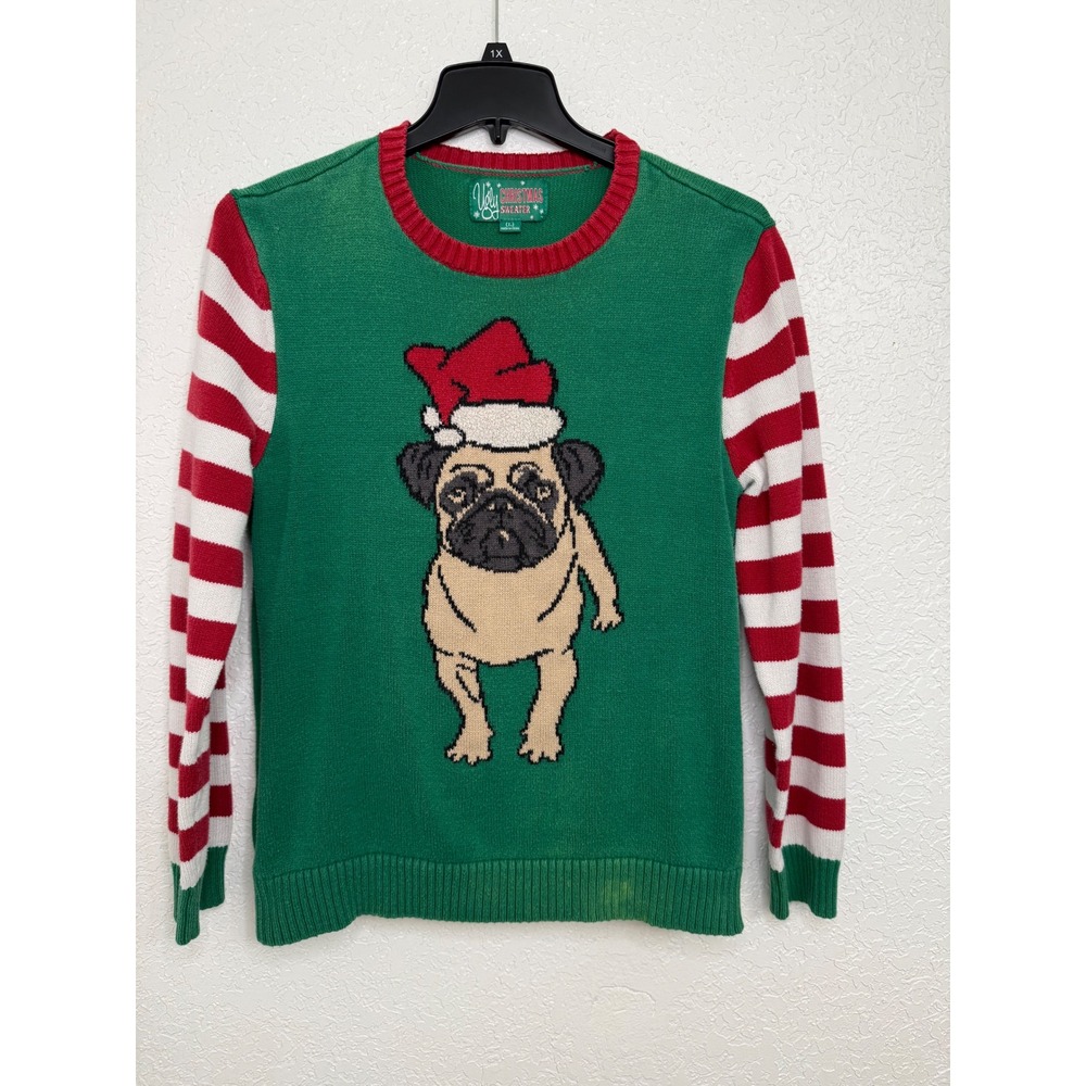 Ugly Christmas Sweater Mens Large Green Pug Santa Hat Striped Sleeves Holiday